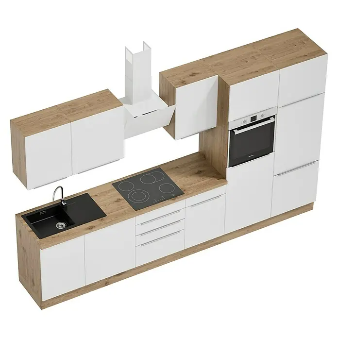 BAUHAUS Composición de cocina Marleen - Ancho: 340 cm, Blanco, Color del cuerpo: Marrón, Con electrodomésticos - Un moderno mueble de cocina con armarios blancos, una encimera de color madera, un fregadero y una placa de cocina.