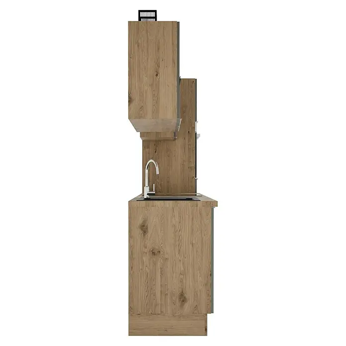 BAUHAUS Composición de cocina Marleen - Ancho: 340 cm, Gris, Color del cuerpo: Marrón, Con electrodomésticos - Imagen detallada de un mueble bajo lavabo de madera con lavabo y grifo, ideal para cocinas y baños.