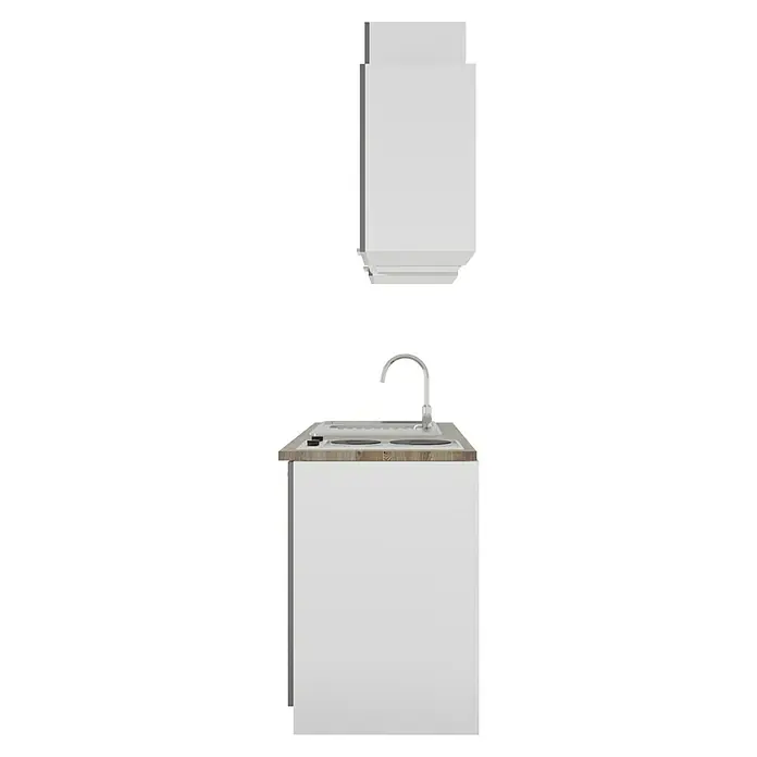 Respekta Cocina compacta Luis - Ancho: 150 cm, Gris, Con placa de cocina doble, Microondas, Color de la encimera: Nogal - Fregadero de cocina con encimera y grifo. Mueble bajo blanco y mueble de pared con diseño moderno.