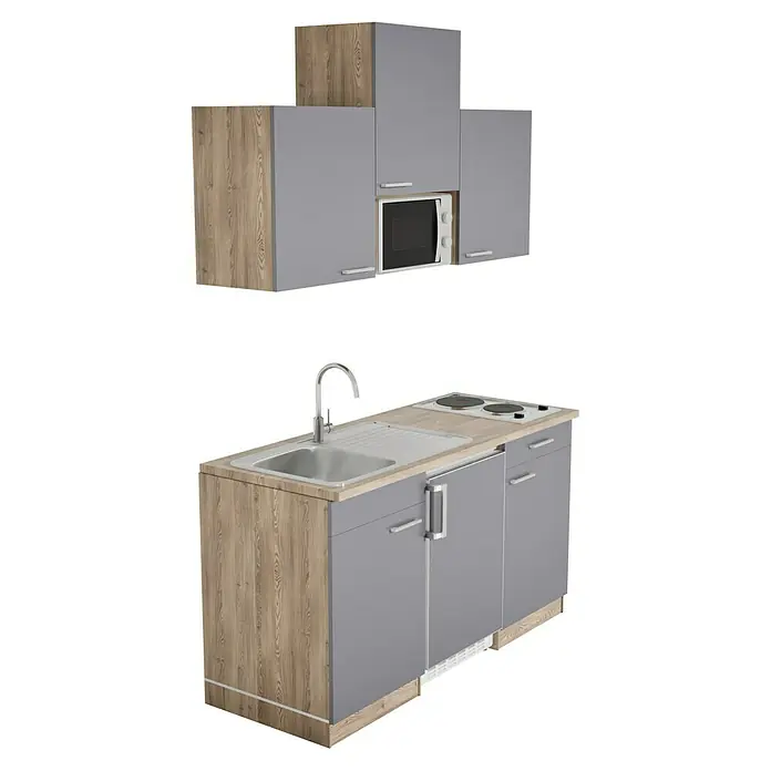 Respekta Cocina compacta Luis - Ancho: 150 cm, Gris, Placa de cocción doble, frigorífico y microondas, Microondas, Color de la encimera: Roble - Unidad de cocina con fregadero, vitrocerámica, microondas y armarios. Práctica y elegante para espacios pequeños.
