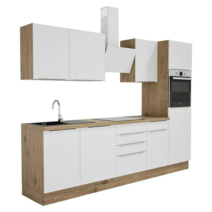 BAUHAUS Composición de cocina Marleen - Ancho: 280 cm, Blanco, Color del cuerpo: Marrón, Con electrodomésticos - Cocina moderna con armarios blancos, detalles en madera y electrodomésticos integrados para un diseño elegante y funcional.