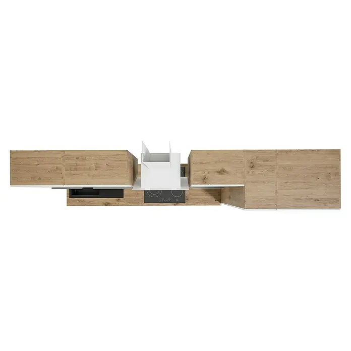 BAUHAUS Composición de cocina Marleen - Ancho: 310 cm, Blanco, Color del cuerpo: Marrón, Con electrodomésticos - Una vista superior de una cocina con acabados de vetas de madera clara, con fregadero, placa de cocina y campana extractora, mostrando un diseño moderno.
