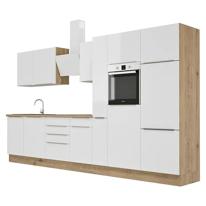 BAUHAUS Composición de cocina Marleen - Ancho: 370 cm, Blanco, Color del cuerpo: Marrón, Con electrodomésticos - Cocina blanca con base de madera clara y horno integrado. Módulo de cocina moderno para cocinar y hornear con estilo en la vida cotidiana.