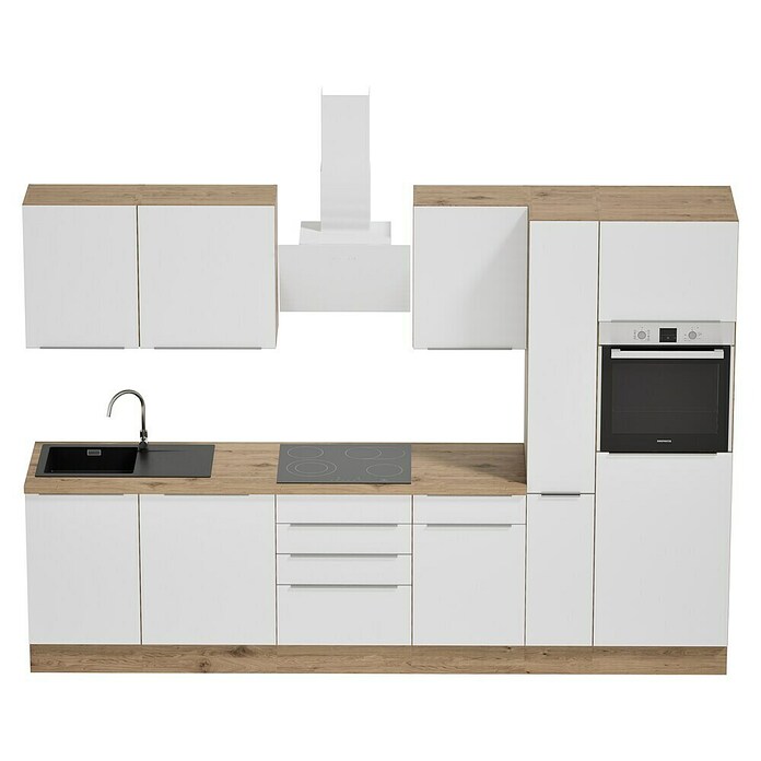 BAUHAUS Composición de cocina Marleen (Ancho: 310 cm, Blanco, Color del cuerpo: Marrón, Con electrodomésticos) | BAUHAUS