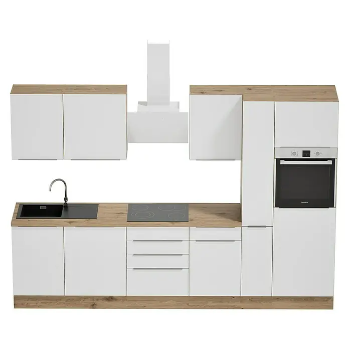 BAUHAUS Composición de cocina Marleen - Ancho: 310 cm, Blanco, Color del cuerpo: Marrón, Con electrodomésticos - Elegante diseño de cocina con armarios blancos, encimeras de madera, fregadero, estufa y horno empotrado para un aspecto moderno.
