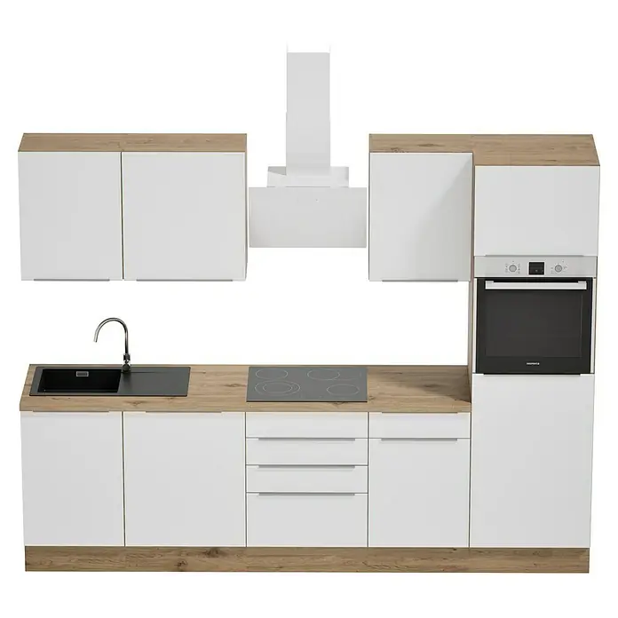 BAUHAUS Composición de cocina Marleen - Ancho: 280 cm, Blanco, Color del cuerpo: Marrón, Con electrodomésticos - Unidad de cocina blanca con encimera de madera, fregadero, vitrocerámica y horno para un diseño moderno.