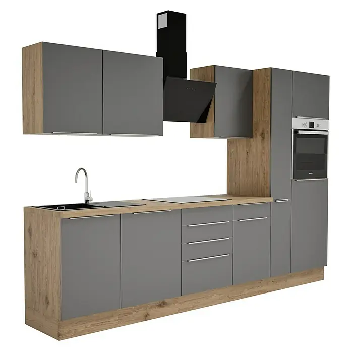 BAUHAUS Composición de cocina Marleen - Ancho: 310 cm, Gris, Color del cuerpo: Marrón, Con electrodomésticos - Mueble de cocina moderno en gris y aspecto madera con electrodomésticos integrados y campana extractora para un diseño elegante.