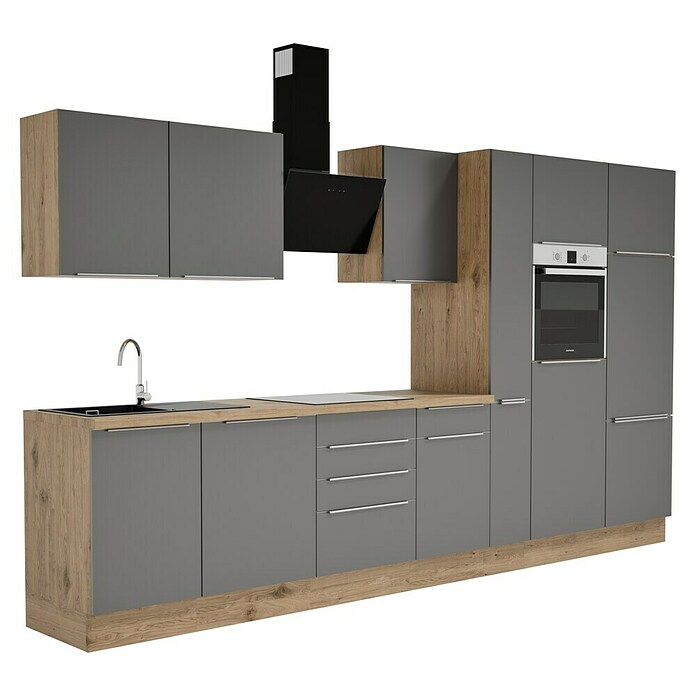 BAUHAUS Composición de cocina Marleen (Ancho: 370 cm, Gris, Color del cuerpo: Marrón, Con electrodomésticos) | BAUHAUS