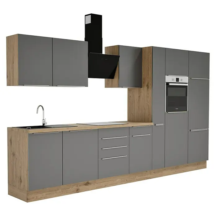 BAUHAUS Composición de cocina Marleen - Ancho: 370 cm, Gris, Color del cuerpo: Marrón, Con electrodomésticos - Cocina moderna con frentes grises y elementos de madera, incluida campana extractora y horno empotrado. Diseño elegante para tu hogar.