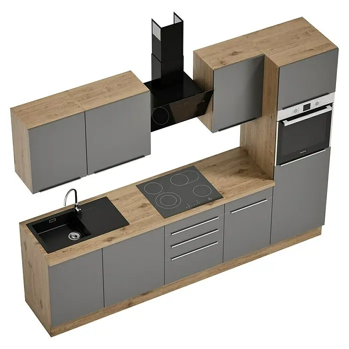BAUHAUS Composición de cocina Marleen - Ancho: 280 cm, Gris, Color del cuerpo: Marrón, Con electrodomésticos - Cocina moderna con armarios grises, encimera de madera, fregadero, fogones y campana extractora para cocinar con estilo.