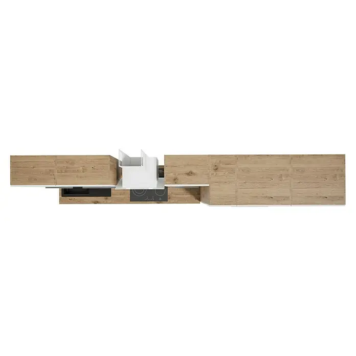BAUHAUS Composición de cocina Marleen - Ancho: 370 cm, Blanco, Color del cuerpo: Marrón, Con electrodomésticos - Vista superior de una cocina moderna con fregadero, vitrocerámica y campana extractora, que muestra un diseño elegante y funcional.
