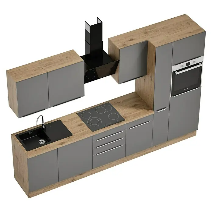 BAUHAUS Composición de cocina Marleen - Ancho: 310 cm, Gris, Color del cuerpo: Marrón, Con electrodomésticos - Conjunto de cocina moderno con armarios grises, encimeras de madera, fregadero, fogones, campana extractora y horno para un ambiente elegante.