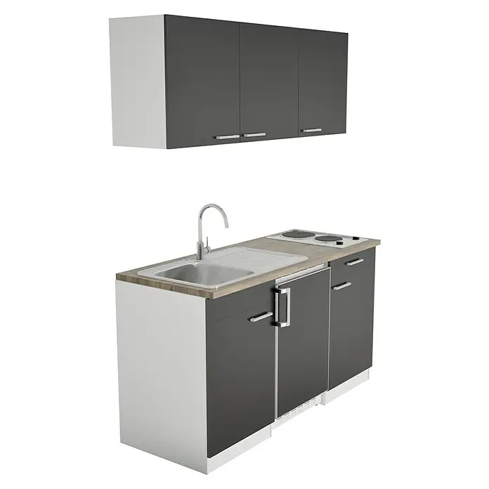 Respekta Cocina compacta Luis - Ancho: 150 cm, Negro, Frigorífico y placa de cocción doble, Color de la encimera: Roble - Cocina compacta con fregadero, vitrocerámica y armarios superiores en gris y blanco, ideal para espacios pequeños. Práctica y con estilo.