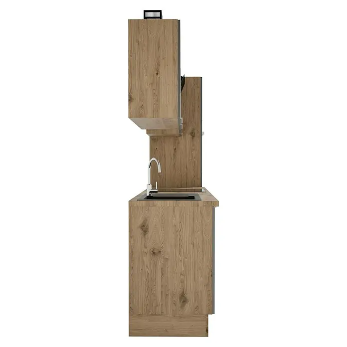 BAUHAUS Composición de cocina Marleen - Ancho: 310 cm, Gris, Color del cuerpo: Marrón, Con electrodomésticos - Elegante cocina americana con aspecto de madera y grifería moderna. El diseño sencillo se adapta a cualquier entorno de cocina y ofrece funcionalidad.