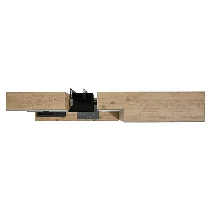 BAUHAUS Composición de cocina Marleen - Ancho: 370 cm, Gris, Color del cuerpo: Marrón, Con electrodomésticos - Vista superior de una cocina moderna con encimeras de aspecto de madera, una cocina negra y una campana extractora.