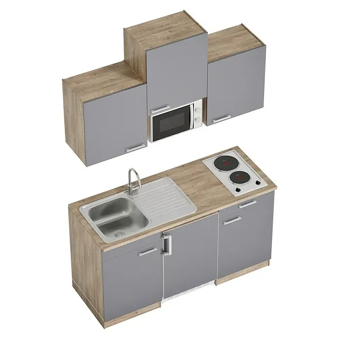 Respekta Cocina compacta Luis - Ancho: 150 cm, Gris, Placa de cocción doble, frigorífico y microondas, Microondas, Color de la encimera: Roble - Armario empotrado con fregadero, fogones y microondas. Los armarios de cocina grises y la encimera de madera hacen que la cocina sea moderna y elegante.
