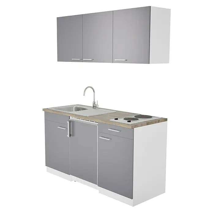 Respekta Cocina compacta Luis - Ancho: 150 cm, Gris, Frigorífico y placa de cocción doble, Color de la encimera: Roble - Cocina americana moderna con fregadero, fogones y armarios superiores en gris y blanco. Ideal para cocinas pequeñas o pisos de estudiantes.