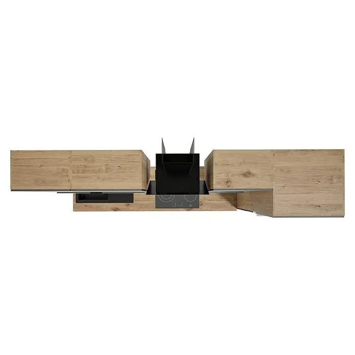 BAUHAUS Composición de cocina Marleen - Ancho: 280 cm, Gris, Color del cuerpo: Marrón, Con electrodomésticos - Vista superior de una cocina moderna con encimeras de madera, una elegante placa de cocina negra y una campana extractora. La disposición es elegante y funcional.