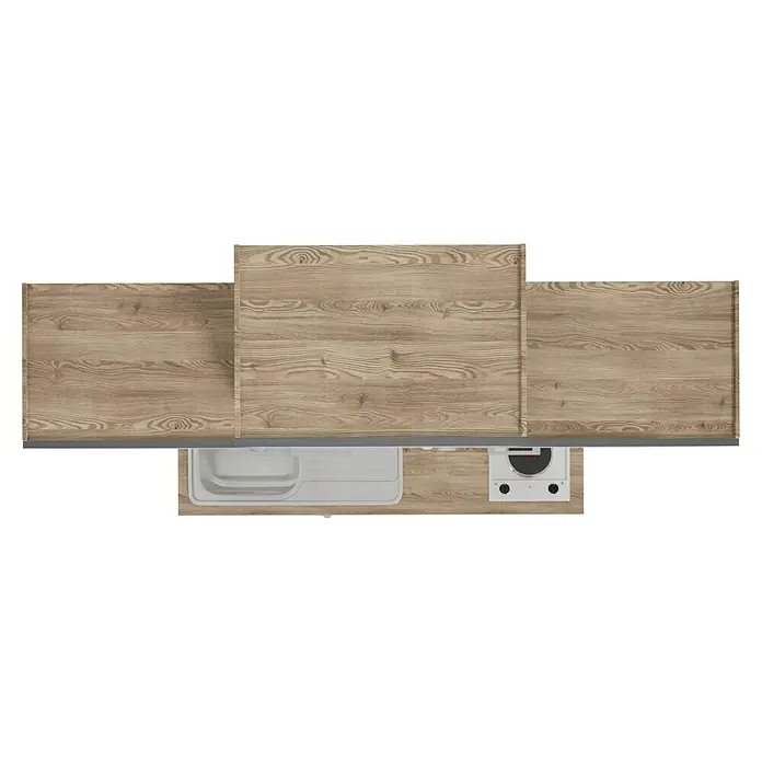 Respekta Cocina compacta Luis - Ancho: 150 cm, Gris, Placa de cocción doble, frigorífico y microondas, Microondas, Color de la encimera: Roble - Un bloque de cocina con textura de madera, que incluye un fregadero y una placa. El diseño es moderno y funcional.