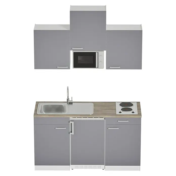 Respekta Cocina compacta Luis - Ancho: 150 cm, Gris, Con placa de cocina doble, Microondas, Color de la encimera: Nogal - Imagen de una cocina compacta gris con fregadero, fogones, microondas y espacio de almacenamiento. El diseño moderno ofrece mucha funcionalidad en un espacio reducido.