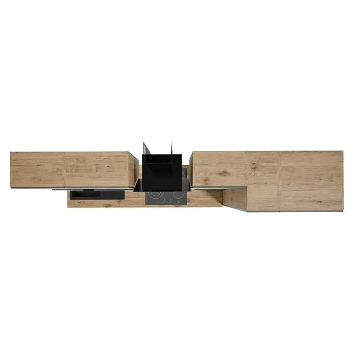 BAUHAUS Composición de cocina Marleen - Ancho: 310 cm, Gris, Color del cuerpo: Marrón, Con electrodomésticos - Vista superior de una cocina moderna con frentes de madera clara y una campana extractora negra sobre la placa de cocina.