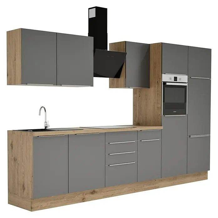 BAUHAUS Composición de cocina Marleen - Ancho: 340 cm, Gris, Color del cuerpo: Marrón, Con electrodomésticos - Cocina moderna con armarios grises y detalles de madera, equipada con campana extractora, fregadero y horno integrado. Diseño de cocina contemporáneo para tu hogar.