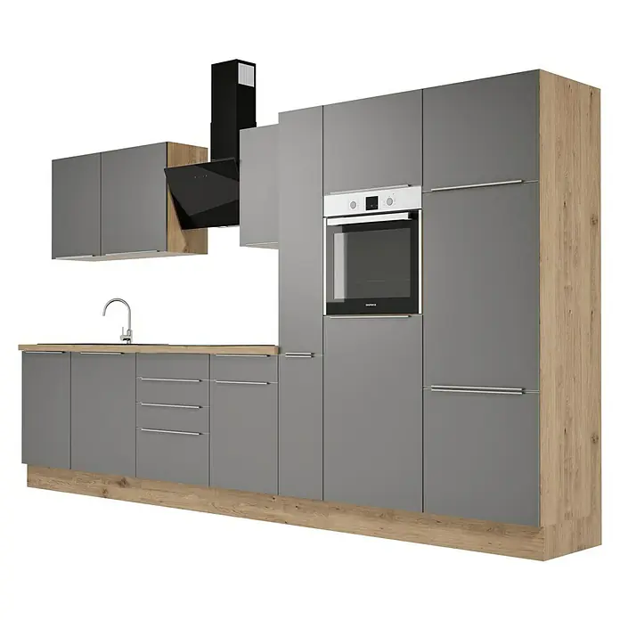 BAUHAUS Composición de cocina Marleen - Ancho: 370 cm, Gris, Color del cuerpo: Marrón, Con electrodomésticos - Cocina moderna con armarios grises, detalles de madera, horno empotrado y campana extractora para un diseño elegante.