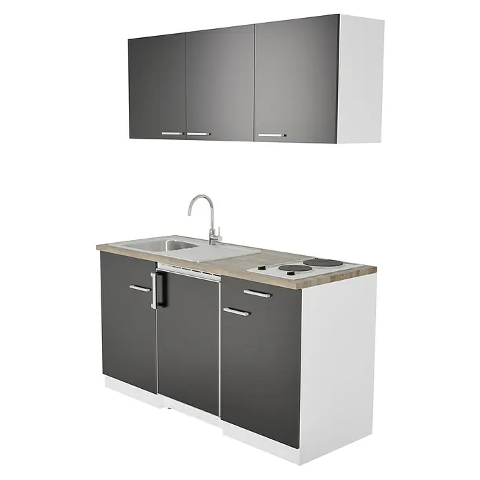 Respekta Cocina compacta Luis - Ancho: 150 cm, Negro, Frigorífico y placa de cocción doble, Color de la encimera: Roble - Cocina compacta con fregadero, fogones y armarios colgantes en gris y blanco. Perfecta para espacios pequeños y pisos de estudiantes.