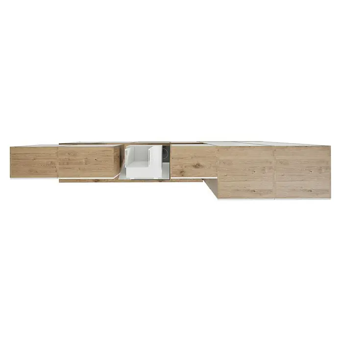 BAUHAUS Composición de cocina Marleen - Ancho: 340 cm, Blanco, Color del cuerpo: Marrón, Con electrodomésticos - Armarios de cocina de madera clara con encimeras blancas y un refrigerador integrado. El diseño es moderno y funcional.