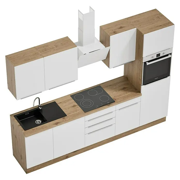 BAUHAUS Composición de cocina Marleen - Ancho: 280 cm, Blanco, Color del cuerpo: Marrón, Con electrodomésticos - Una cocina moderna con armarios blancos, encimera con aspecto de madera y un fregadero negro. También incluye una estufa y un horno.