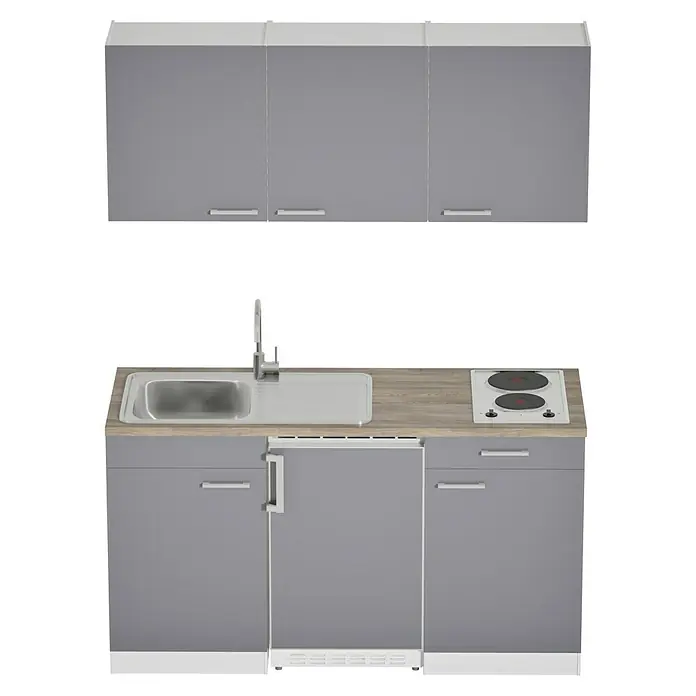 Respekta Cocina compacta Luis - Ancho: 150 cm, Gris, Frigorífico y placa de cocción doble, Color de la encimera: Roble - Una moderna cocina americana en gris con fregadero, fogones y armarios ideal para espacios reducidos.