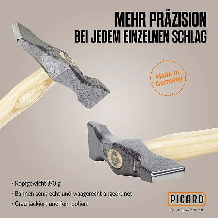 Picard Zimmermannshammer 175 1/2 ES - Gewicht Kopf: 375 g, Material Stiel: Eschenholz, Breite: 135 mm - Produktbild eines grauen Picard Hammers mit Holzgriff. Das Werkzeug verspricht Präzision bei jedem Schlag und wurde in Deutschland hergestellt.