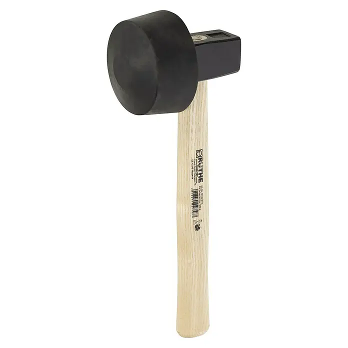 Picard Maurerhammer Artikel 3012518119 - Gewicht Kopf: 1.250 g, Material Stiel: Eschenholz - Nahaufnahme eines Schonhammers mit schwarzem Gummikopf und hellem Holzgriff, ideal für schonendes Arbeiten.