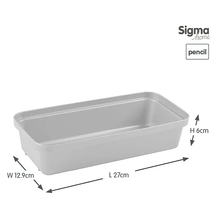 Sunware Sigma home Aufbewahrungsbox Pencil - L x B x H: 27 x 12,9 x 6 cm, Kunststoff, Weiß - Abbildung einer grauen Sigma Home "Pencil" Aufbewahrungsbox mit den Maßen L 27cm, B 12,9cm und H 6cm.