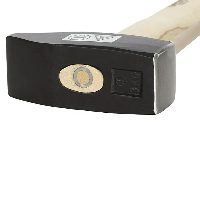 Picard Schlosserhammer Nr. 3030015119 - Gewicht Kopf: 3.000 g, Material Stiel: Eschenholz - Nahaufnahme eines 3 kg schweren Vorschlaghammers mit schwarzem Kopf und Holzgriff.