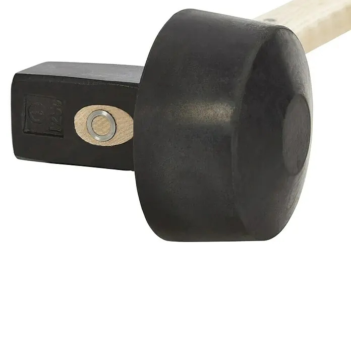 Picard Maurerhammer Artikel 3012518119 - Gewicht Kopf: 1.250 g, Material Stiel: Eschenholz - Nahaufnahme eines Schonhammers mit schwarzem Gummikopf und hellem Holzstiel. Ideal für präzise Arbeiten ohne Beschädigung.