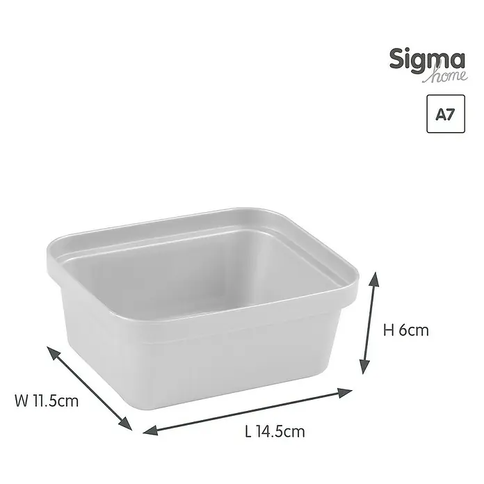 Sunware Sigma home Aufbewahrungsbox Pencil - L x B x H: 14,5 x 11,5 x 6 cm, Kunststoff, Weiß - Abbildung einer weißen Sigma Home A7-Aufbewahrungsbox mit Abmessungen (L 14,5 cm, B 11,5 cm, H 6 cm).