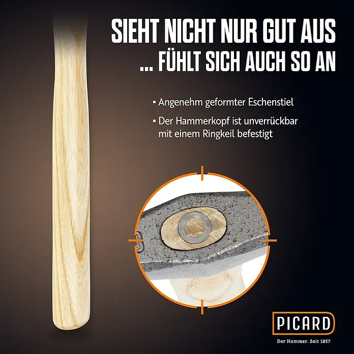 Picard Zimmermannshammer 175 1/2 ES - Gewicht Kopf: 375 g, Material Stiel: Eschenholz, Breite: 135 mm - Picard Hammer mit Eschenstiel, der nicht nur gut aussieht, sondern sich auch so anfühlt. Der Hammerkopf ist unrückbar mit einem Ringkeil befestigt.