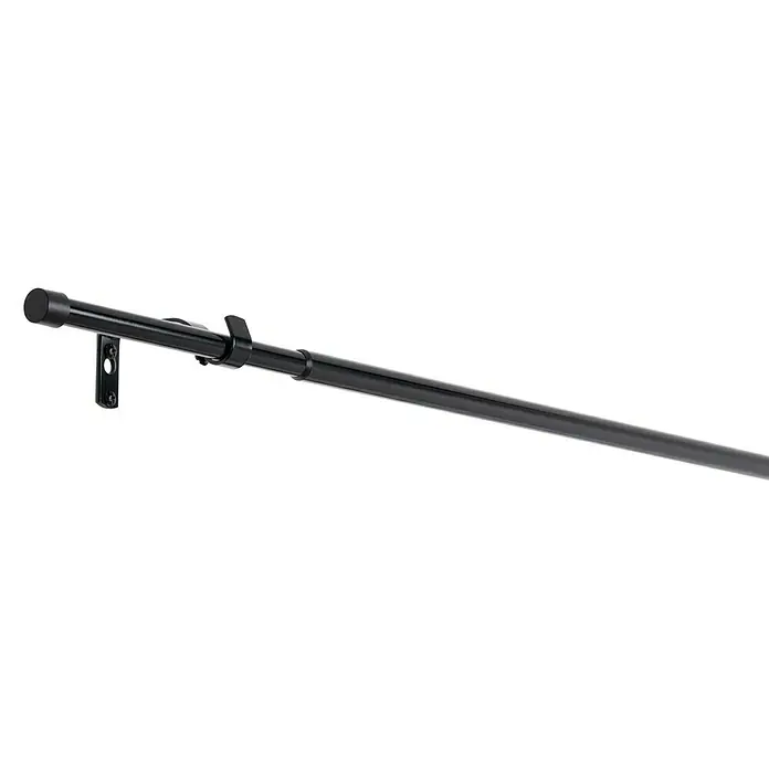 Komplettgarnitur Cap - Schwarz, 120 cm - 210 cm, Metall, Ausziehbar - Eine schwarze Teleskop-Gardinenstange mit Halterung zur Wandmontage für Vorhänge, die Stil und Funktionalität vereint.