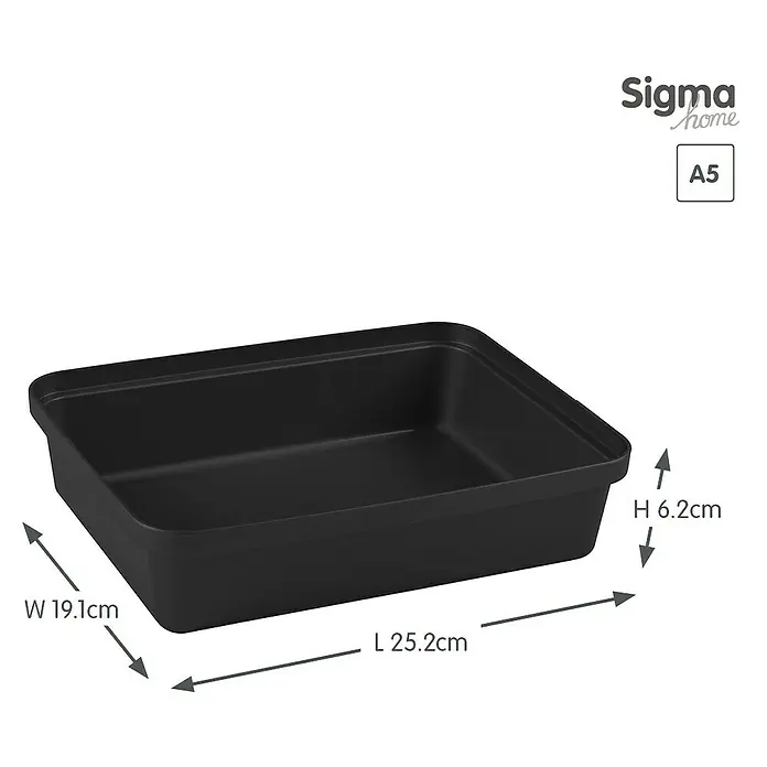 Sunware Sigma home Aufbewahrungsbox Pencil - L x B x H: 25,2 x 19,1 x 6,2 cm, Kunststoff, Schwarz - Schwarze A5-Aufbewahrungsbox von Sigma Home mit einer Länge von 25,2 cm, einer Breite von 19,1 cm und einer Höhe von 6,2 cm.