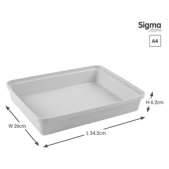 Sunware Sigma home Aufbewahrungsbox Pencil - L x B x H: 34,5 x 26 x 6,2 cm, Kunststoff, Weiß - Abbildung einer grauen Sigma Home A4 Aufbewahrungsbox aus Kunststoff mit Maßangaben.
