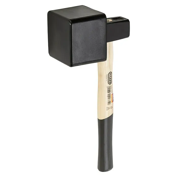 Picard Plattenlegerhammer 68e ES - Eckig, Material Schlagkopf: Stahl - Abgebildet ist ein Gummihammer von Picard mit einem quadratischen, schwarzen Kopf und einem hellen Holzgriff mit schwarzem Ende.