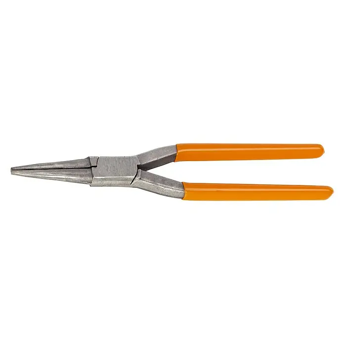 Picard Flachrundzange 193 -  - Nahaufnahme einer Spitzzange mit orangefarbenen Griffen, einem Werkzeug zum Greifen und Bearbeiten kleiner Objekte.
