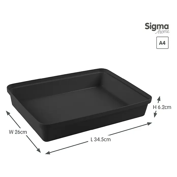 Sunware Sigma home Aufbewahrungsbox Pencil - L x B x H: 34,5 x 26 x 6,2 cm, Kunststoff, Schwarz - Abgebildet ist eine schwarze A4-Ablageschale von Sigma Home mit den Maßen 34,5 cm Länge, 26 cm Breite und 6,2 cm Höhe.