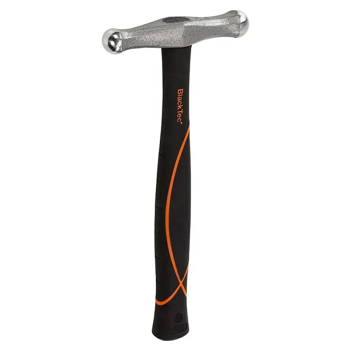 Picard Zimmermannshammer 174 FS - Gewicht Kopf: 375 g, Material Stiel: Eschenholz, Breite: 145 mm - Ein BlackTec Schonhammer mit einem grauen Hammerkopf und einem schwarzen Griff mit orangenen Akzenten, ideal für präzise Arbeiten.