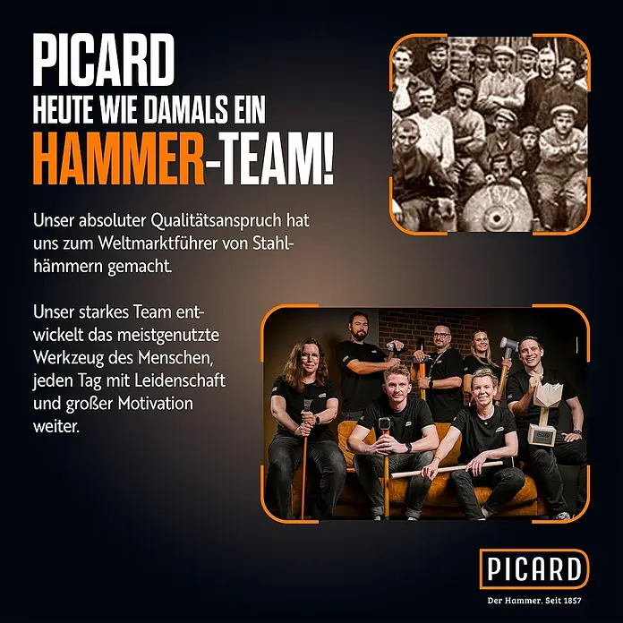 Picard Zimmermannshammer 175 1/2 ES - Gewicht Kopf: 375 g, Material Stiel: Eschenholz, Breite: 135 mm - Picard-Werbebild mit historischem und aktuellem Team, das Hämmer präsentiert, die Tradition und Innovation vereinen.