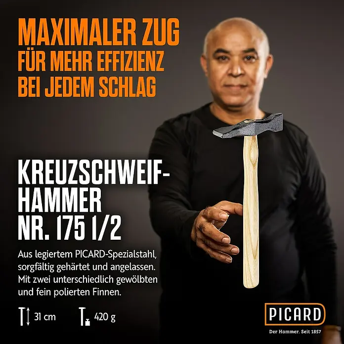 Picard Zimmermannshammer 175 1/2 ES - Gewicht Kopf: 375 g, Material Stiel: Eschenholz, Breite: 135 mm - Abbildung eines Kreuzschweifhammers Nr. 175 1/2 von Picard, der maximale Effizienz bei jedem Schlag bietet, hergestellt aus legiertem Picard-Spezialstahl.