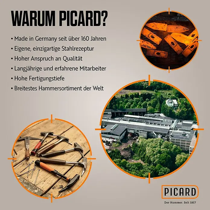 Picard Zimmermannshammer 175 1/2 ES - Gewicht Kopf: 375 g, Material Stiel: Eschenholz, Breite: 135 mm - Picard-Hammer-Werbung mit Fokus auf Qualität, Tradition und breite Produktpalette.