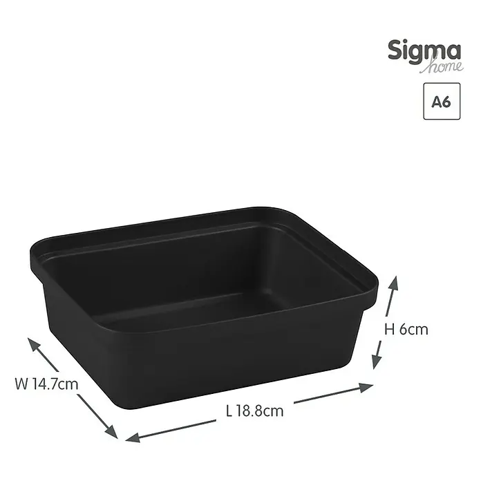 Sunware Sigma home Aufbewahrungsbox Pencil - L x B x H: 18,8 x 14,7 x 6 cm, Kunststoff, Schwarz - Schwarzer Sigma Home A6 Aufbewahrungsbehälter mit den Maßen 18,8 cm Länge, 14,7 cm Breite und 6 cm Höhe.