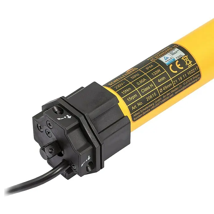 Schellenberg Motor tubular Maxi Standard - Superficie de persiana enrollable máx.: 6,2 m² para persianas de plástico, Longitud de instalación: 500 mm, Fuerza de tracción: 25 kg - Primer plano de un motor de persiana enrollable Schellenberg amarillo con detalles técnicos en la etiqueta.